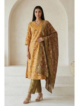 Folksong - Women's Yellow Floral Printed Zari Work Shantung Kurta with Pants & Dupatta Set