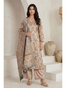 Folksong - Beige Floral A-line Kurta with Parallel Pant & Dupatta