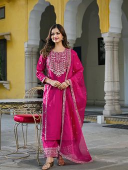 Vaamsi - Women Pink Silk Blend Embroidered Straight Kurta With Palazzos & Dupatta