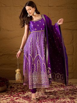 Vaamsi - Women Purple Silk Blend Anarkali Kurta With Churidar & Dupatta