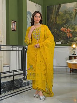 Vaamsi - Women Yellow Viscose Embroidered Straight Kurta With Pant & Dupatta