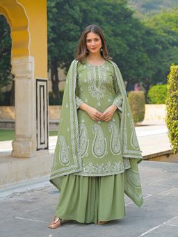 Vaamsi - Women Green Georgette A-Line Kurta With Sharara & Dupatta
