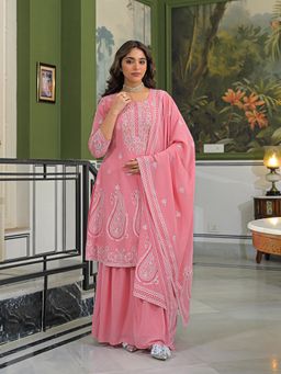 Vaamsi - Women Peach Georgette A-Line Kurta With Sharara & Dupatta