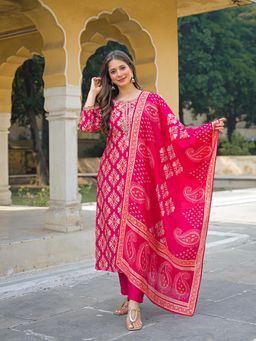 Vaamsi - Women Pink Viscose Ikat Embroidered Straight Kurta With Pant & Dupatta
