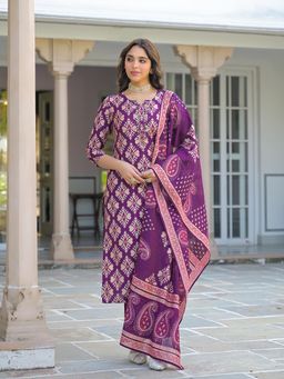 Vaamsi - Women Purple Viscose Ikat Embroidered Straight Kurta With Pant & Dupatta