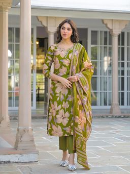 Vaamsi - Women Green Viscose Floral Straight Kurta With Pant & Dupatta