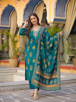 Vaamsi - Women Teal Viscose Embroidered Straight Kurta With Pant & Dupatta