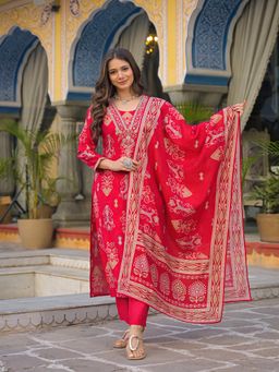 Vaamsi - Women Pink Viscose Ikat Straight Kurta With Pant & Dupatta