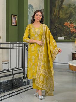Vaamsi - Women Yellow Viscose Ikat Straight Kurta With Pant & Dupatta
