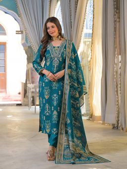 Vaamsi - Women Blue Viscose Rayon Ikat Straight Kurta With Pant & Dupatta