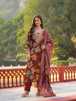 Vaamsi - Women Brown Viscose Floral Straight Kurta With Pant & Dupatta