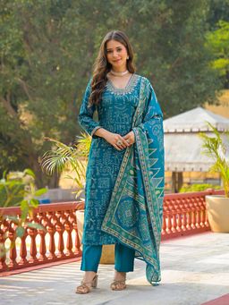 Vaamsi - Women Blue Viscose Ethnic Motifs Straight Kurta With Pant & Dupatta
