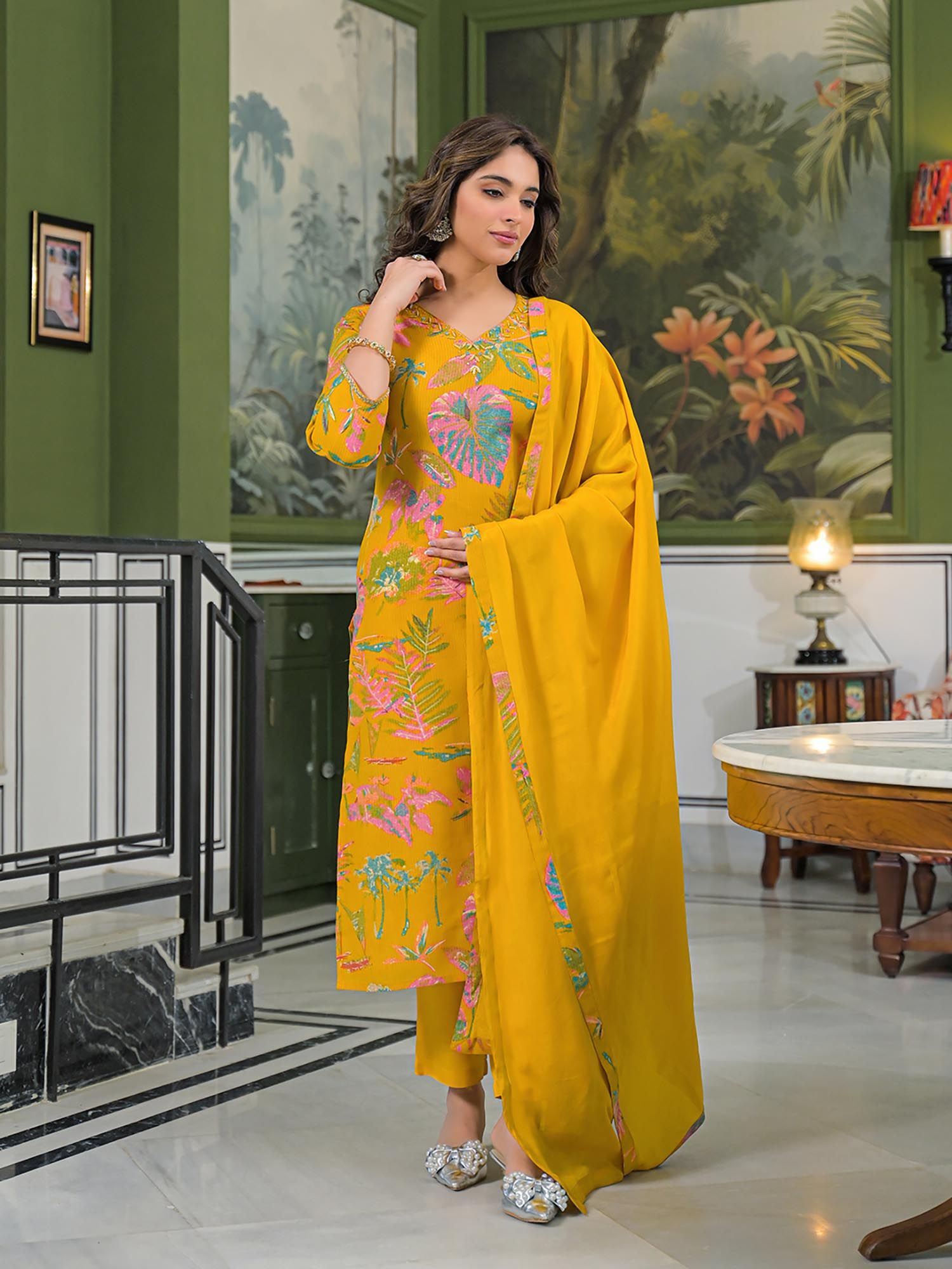 vaamsi Women Mustard Viscose Rayon Straight Kurta With Pant & Dupatta-picture-26