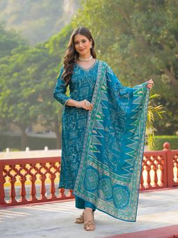 Vaamsi - Women Blue Viscose Ethnic Motifs Straight Kurta With Pant & Dupatta