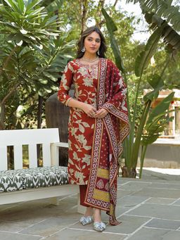 Vaamsi - Women Brown Viscose Rayon Embroidered Straight Kurta With Pant & Dupatta