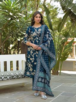 Vaamsi - Women Navy Blue Viscose Rayon Floral Straight Kurta With Pant & Dupatta