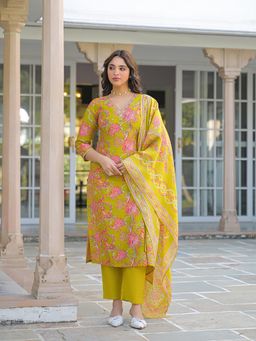 Vaamsi - Women Yellow Viscose Rayon Embroidered Straight Kurta With Pant & Dupatta