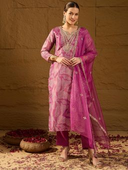 Vaamsi - Women Purple Chanderi Embellished Design Straight Kurta With Pant & Dupatta