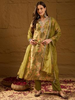 Vaamsi - Women Green Silk Straight Kurta With Pant & Dupatta