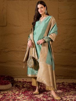 Vaamsi - Women Pink Chanderi Woven Design Straight Kurta With Pant & Dupatta