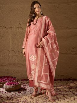Vaamsi - Women Pink Silk Blend Woven Straight Kurta With Pant & Dupatta
