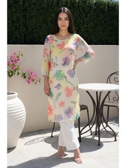 W - Cream Floral Printed Beadwork Silver Chiffon Straight Kurta