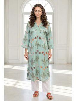 W - Sea Green Floral Printed Straight Kurta with Lace