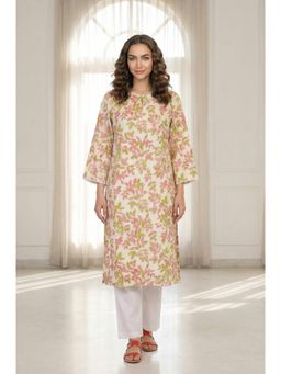 W - Beige Floral Printed Pure Cotton Straight Kurta with Lace
