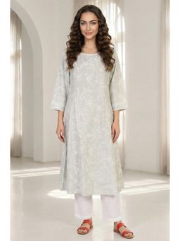 W - Grey Floral Printed Pure Cotton A-line Kurta with Lace
