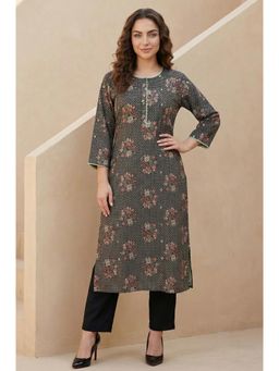 W - Black Floral Printed Rayon Straight Kurta