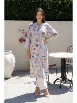 W - Blue Floral Printed Straight Rayon Kurta