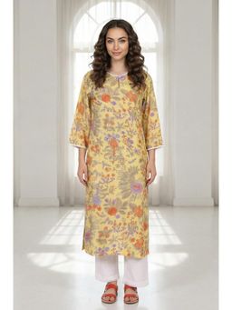 W - Yellow Floral Printed Lace Trim Pure Cotton Straight Kurta