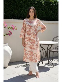 W - Beige Paisley Printed Pure Cotton Straight Kurta with Lace