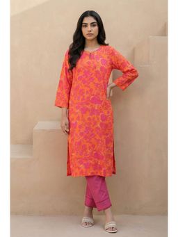 W - Orange Floral Printed Rayon Straight Kurta