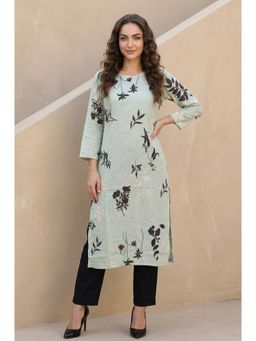 W - Sea Green Floral Printed Beadwork Straight Kurta