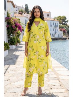W - Yellow Floral Printed Pure Cotton Straight Kurta with Pants and Dupatta Set