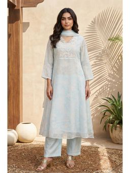 W - Blue Floral A-line Kurta with Straight Pant & Dupatta