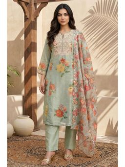 W - Green Floral Embroidered Straight Kurta with Pants and Dupatta Set