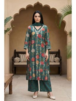 W - Green Floral Printed Straight Kurta with Flared Pants and Dupatta Set