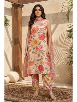 W - Pink Floral Printed Straight Kurta with Pants and Dupatta Set