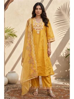 W - Yellow Floral Embroidered Straight Kurta with Pant & Dupatta