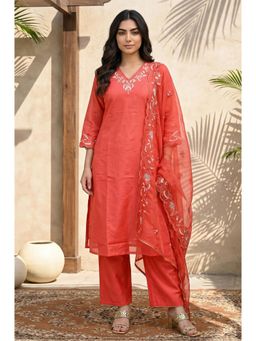 W - Red Embroidered Straight Kurta with Pants and Dupatta Set