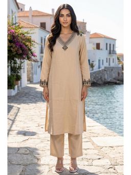 W - Beige Embroidered Rayon Straight Kurta with Pants Set