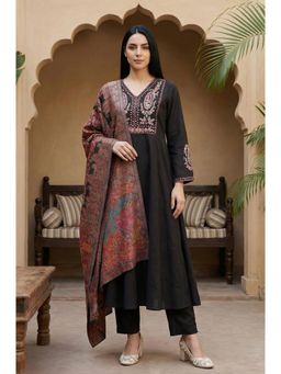 W - Black Embroidered Anarkali Kurta with Pants and Dupatta Set