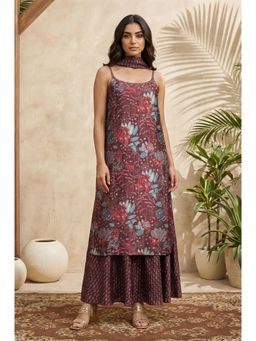 W - Maroon Floral Japanese Satin A-line Kurta with Sharara & Dupatta