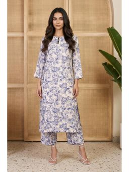 W - Blue Floral Printed Straight Kurta and Pants Set