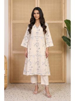 W - Off White Floral Embroidered Rayon A-line Kurta and Straight Pants Set