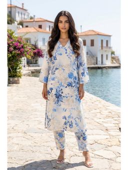W - White Floral Printed Modal Straight Kurta with Pants Set