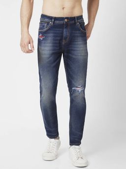 Spykar - Men Dark Navy Blue Cotton Slim Fit Tapered Length Knee Slash Mid Rise Jeans Kano