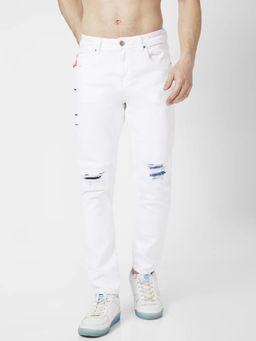 Spykar - Men White Cotton Slim Fit Tapered Length Knee Slash Mid Rise Jeans Kano
